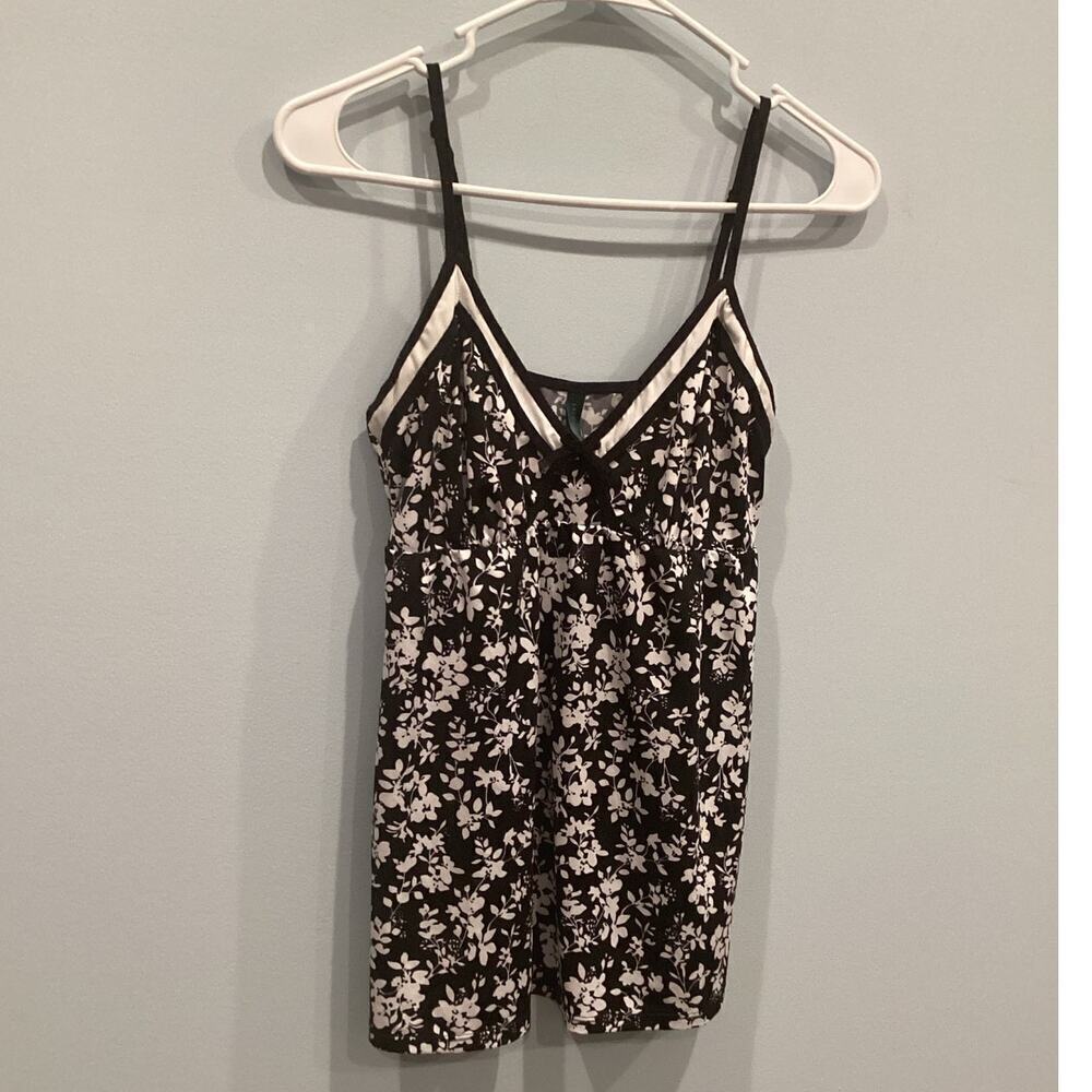Vintage Womens Babydoll Top Size Large Black White Cami‎ Camisole Floral Y2K Bow